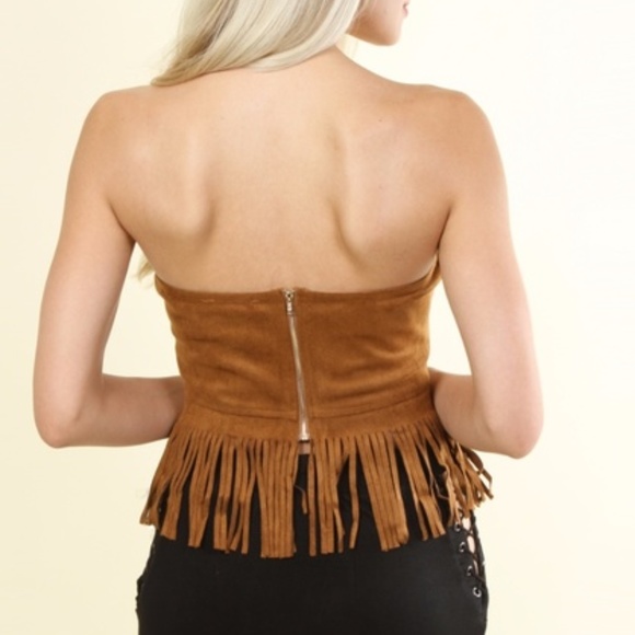 Festival Vegan Brown Suede Fringed Boho Tube Top - Picture 4 of 4